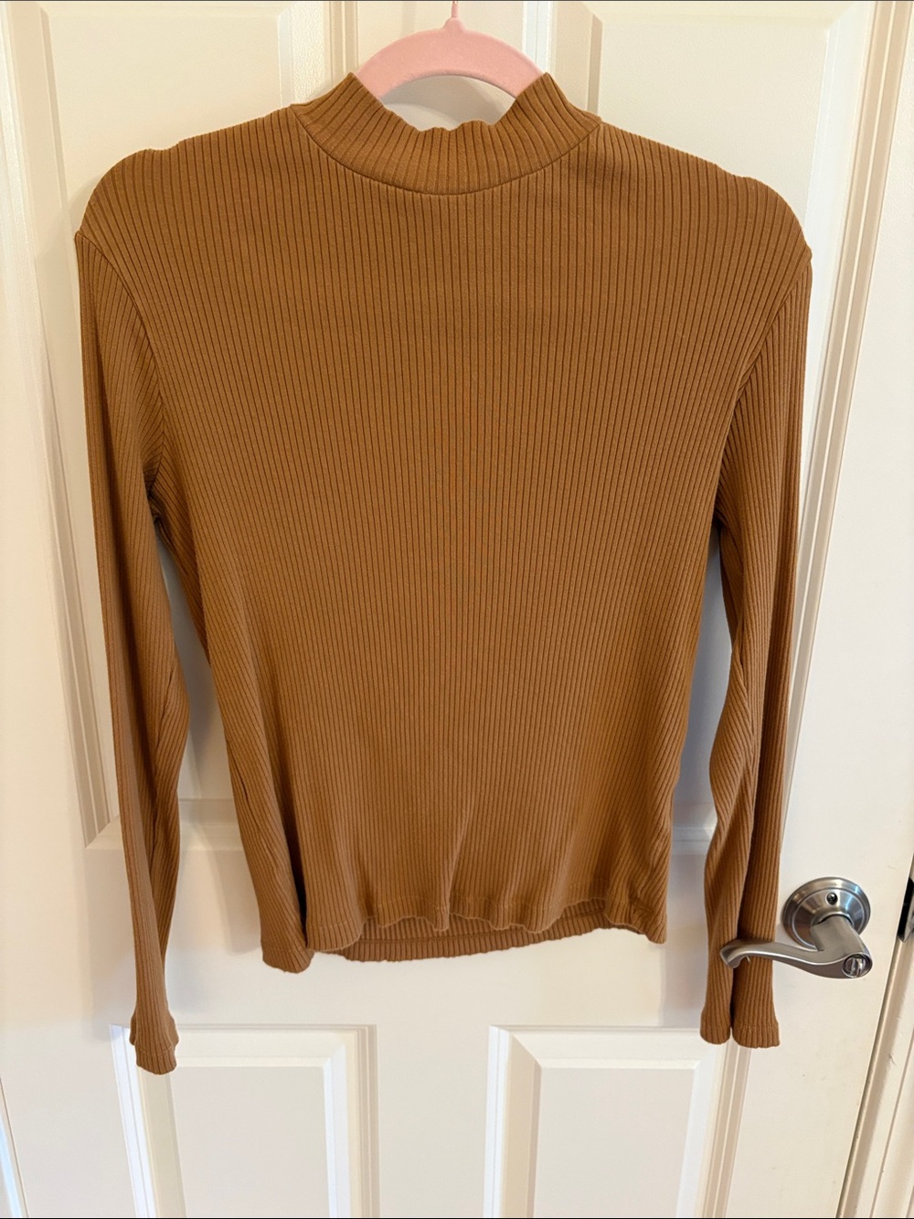Uniqlo Women's Ribbed Long Sleeve Top in Camel Brown mock neck